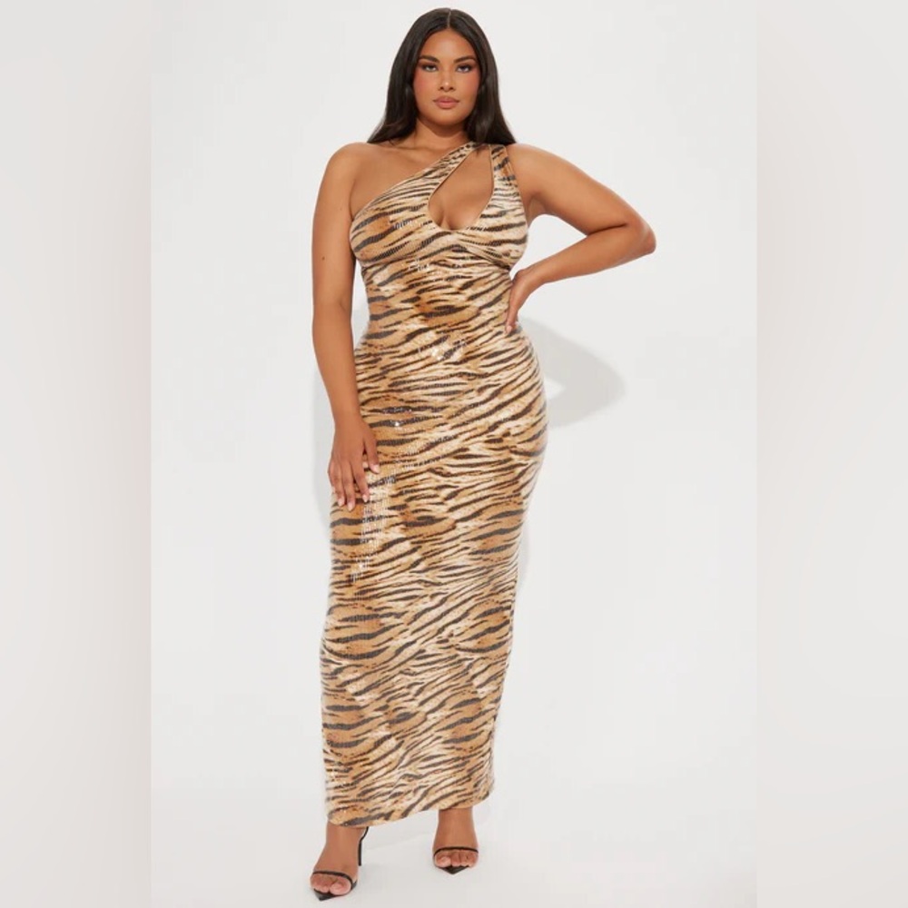 One-Shoulder Tiger-Print Maxi Dress in Tan